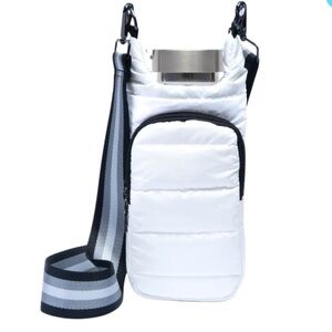 White Quilted Crossbody Bag with Striped Strap. Water bottle bag